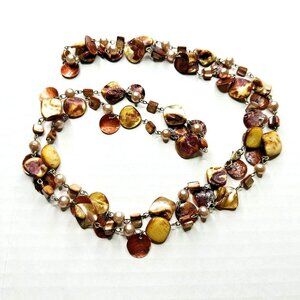 Abalone Shell Necklace Shades of Copper Brown Tan Faux Light Pink Pearls 46” VTG